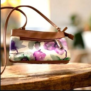 Spring crossbody handbag NWOT plastic on zippers still brown purple gree…